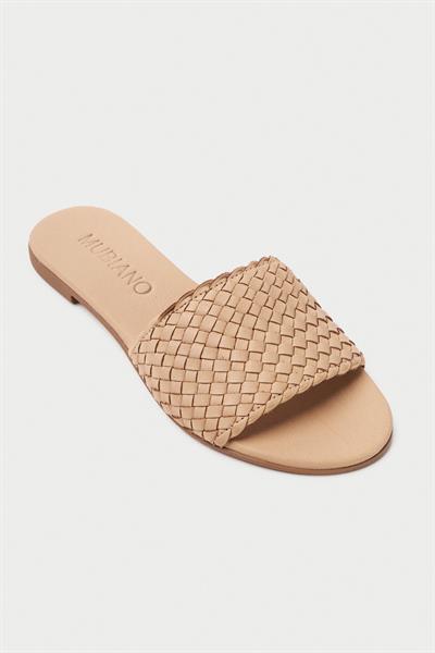 Mubiano Hakiki Deri 655-BJ Kadın Hasır Görünümlü Bej Düz Terlik