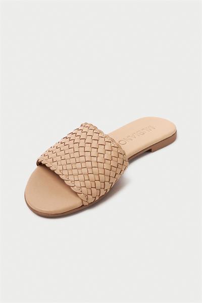 Mubiano Hakiki Deri 655-BJ Kadın Hasır Görünümlü Bej Düz Terlik