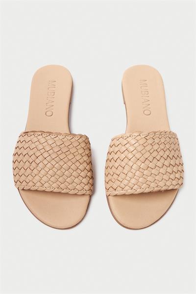 Mubiano Hakiki Deri 655-BJ Kadın Hasır Görünümlü Bej Düz Terlik