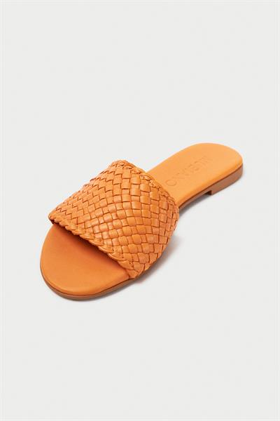 Mubiano Hakiki Deri 655-ORJ Kadın Hasır Görünümlü Oranj Düz Terlik