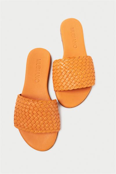 Mubiano Hakiki Deri 655-ORJ Kadın Hasır Görünümlü Oranj Düz Terlik