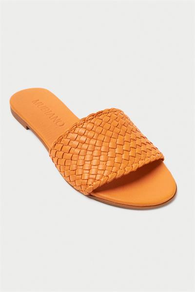 Mubiano Hakiki Deri 655-ORJ Kadın Hasır Görünümlü Oranj Düz Terlik