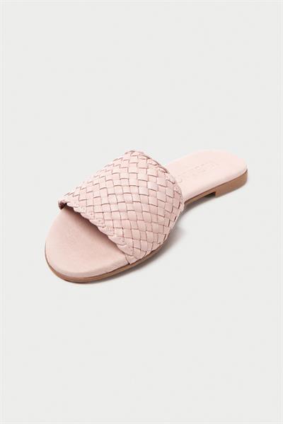 Mubiano Hakiki Deri 655-PD Kadın Hasır Görünümlü Pudra Düz Terlik