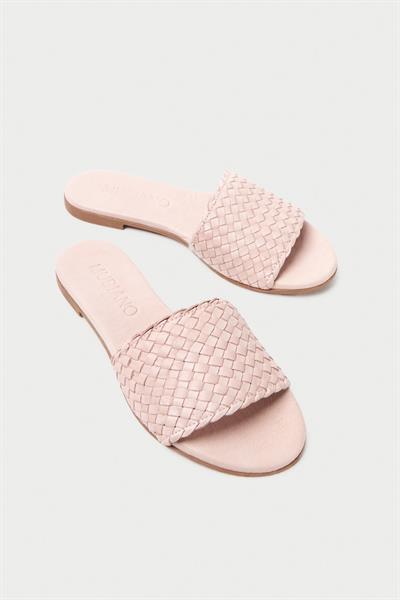 Mubiano Hakiki Deri 655-PD Kadın Hasır Görünümlü Pudra Düz Terlik