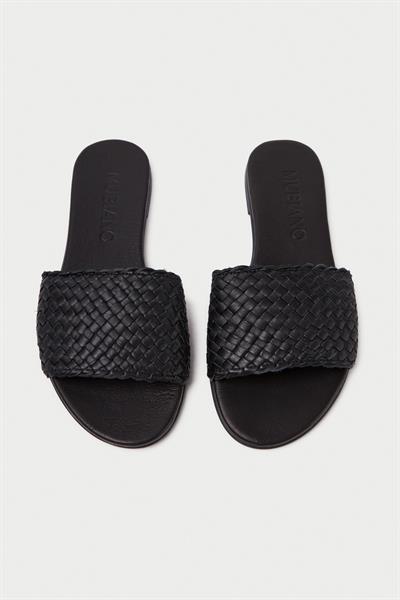 Mubiano Hakiki Deri 655-S Kadın Hasır Görünümlü Siyah Düz Terlik