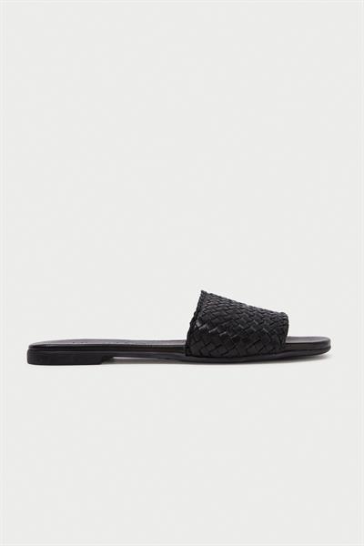 Mubiano Hakiki Deri 655-S Kadın Hasır Görünümlü Siyah Düz Terlik