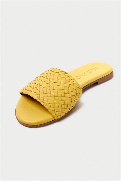 Mubiano Hakiki Deri 655-SR Kadın Hasır Görünümlü Sarı Düz Terlik