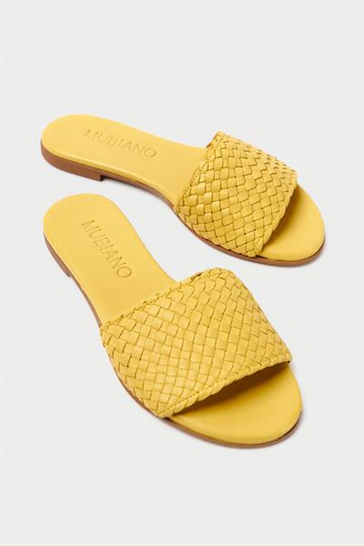 Mubiano Hakiki Deri 655-SR Kadın Hasır Görünümlü Sarı Düz Terlik