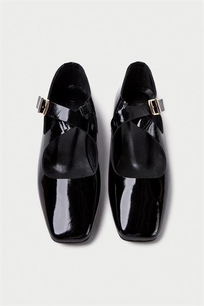 Mubiano Hakiki Deri Collection Kadın Bant Detaylı Sivri Burun Rugan Babet Siyah - MCSR1007 - S