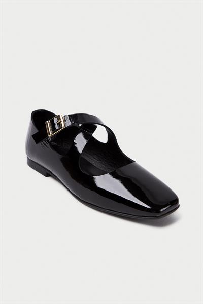 Mubiano Hakiki Deri Collection Kadın Bant Detaylı Sivri Burun Rugan Babet Siyah - MCSR1007 - S