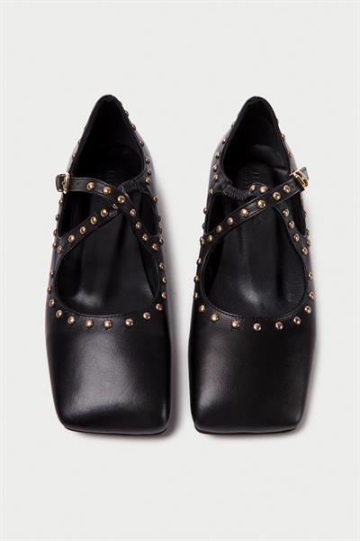 Mubiano Hakiki Deri Collection Kadın Bant Detaylı Zımba Detaylı Babet Siyah - MCSR1005 - S