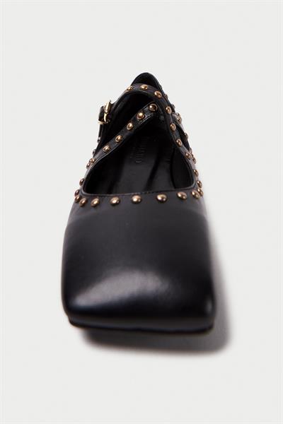 Mubiano Hakiki Deri Collection Kadın Bant Detaylı Zımba Detaylı Babet Siyah - MCSR1005 - S