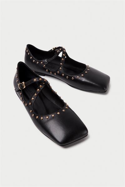 Mubiano Hakiki Deri Collection Kadın Bant Detaylı Zımba Detaylı Babet Siyah - MCSR1005 - S