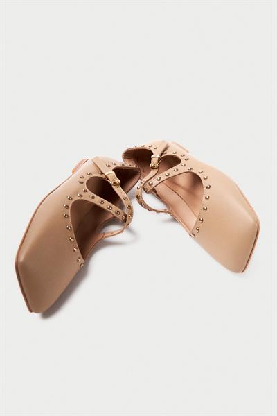 Mubiano Hakiki Deri Collection Kadın Bant Detaylı Zımba Detaylı Babet Nude - MCSR1005 - N