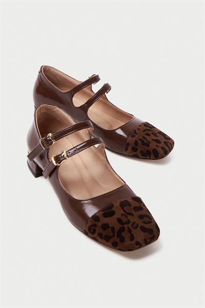 Mubiano Hakiki Deri Collection Kadın Düz Rugan Babet Kahverengi/Leopar - MCSR1008 - KHLPR