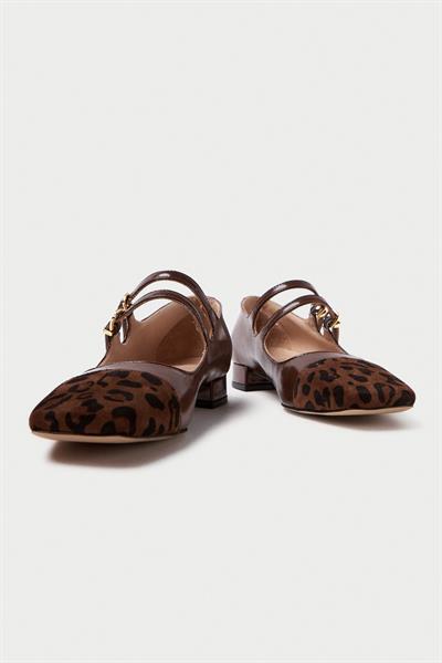 Mubiano Hakiki Deri Collection Kadın Düz Rugan Babet Kahverengi/Leopar - MCSR1008 - KHLPR