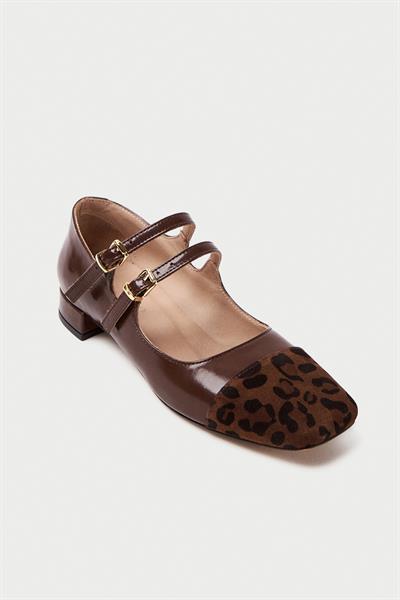 Mubiano Hakiki Deri Collection Kadın Düz Rugan Babet Kahverengi/Leopar - MCSR1008 - KHLPR