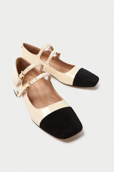 Mubiano Hakiki Deri Collection Kadın Düz Rugan Babet Bej/Siyah - MCSR1008 - BJS