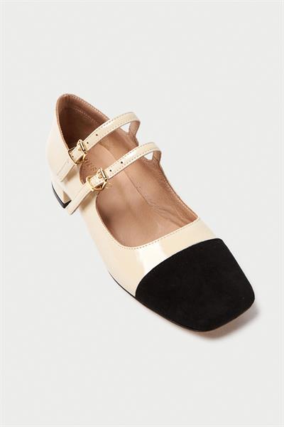 Mubiano Hakiki Deri Collection Kadın Düz Rugan Babet Bej/Siyah - MCSR1008 - BJS