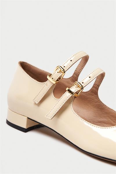 Mubiano Hakiki Deri Collection Kadın Düz Rugan Babet Bej/Siyah - MCSR1008 - BJS