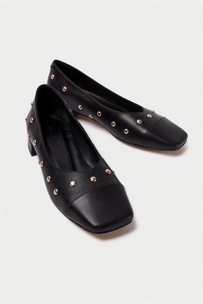 Mubiano Hakiki Deri Collection Kadın Sivri Burun Zımba Detaylı Babet Siyah - MCSR1006 - S