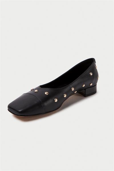 Mubiano Hakiki Deri Collection Kadın Sivri Burun Zımba Detaylı Babet Siyah - MCSR1006 - S