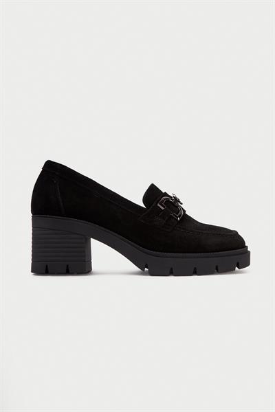 Mubiano Hakiki Deri Collection Kadın Toka Detaylı Kısa Kalın Topuklu Süet Kolej Ayakkabı Siyah - MCSR1004 - S