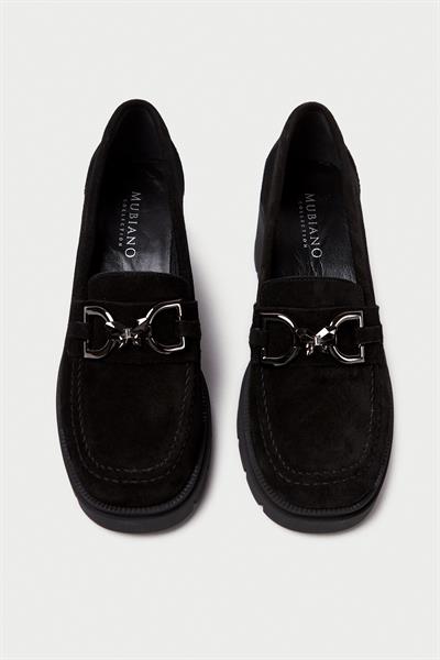 Mubiano Hakiki Deri Collection Kadın Toka Detaylı Kısa Kalın Topuklu Süet Kolej Ayakkabı Siyah - MCSR1004 - S