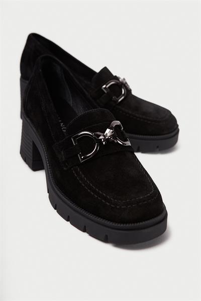 Mubiano Hakiki Deri Collection Kadın Toka Detaylı Kısa Kalın Topuklu Süet Kolej Ayakkabı Siyah - MCSR1004 - S