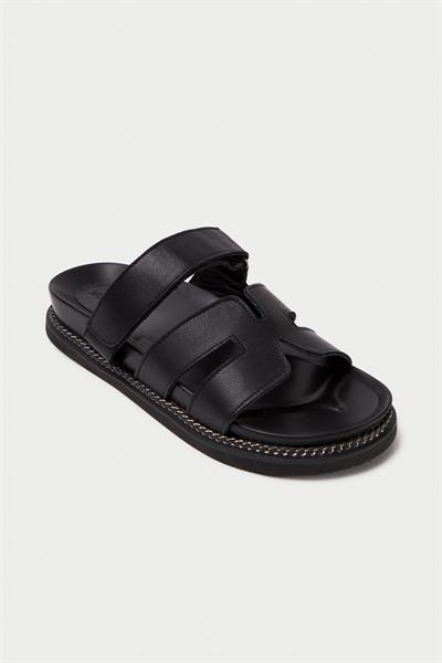 Mubiano Hakiki Deri MB3838-S Ortopedik Taban Kadın Siyah Terlik