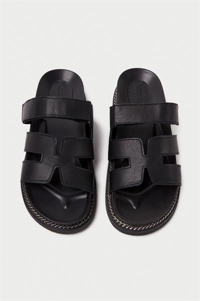 Mubiano Hakiki Deri MB3838-S Ortopedik Taban Kadın Siyah Terlik