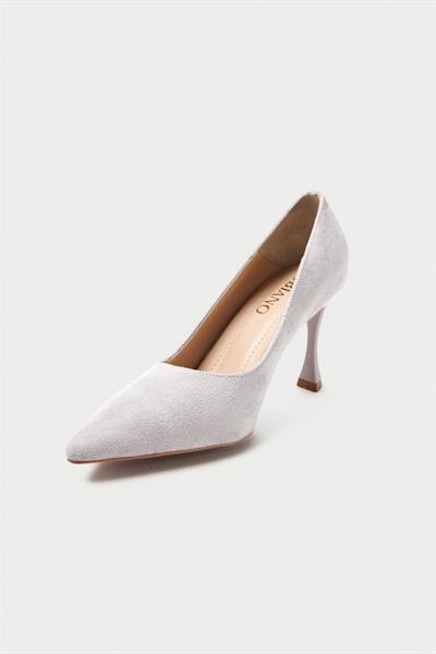 Mubiano Hakiki Deri MB970-GR Kadın İnce 9 cm Topuklu Gri Süet Stiletto & Topuklu Ayakkabı