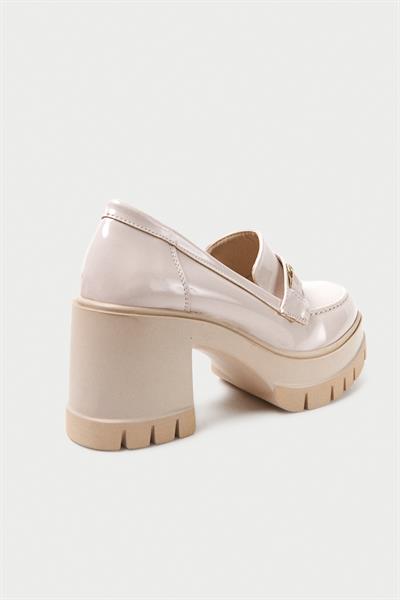 Mubiano Hakiki Deri MBERR604-BJ Kadın Kalın Topuklu Rugan Toka Detay Bej Kolej Topuklu Ayakkabı