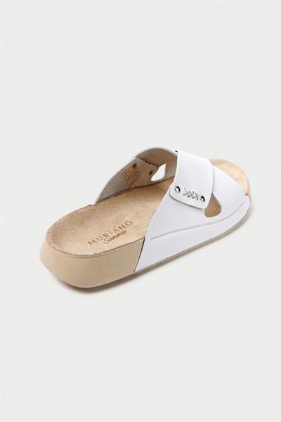 Mubiano Hakiki Deri Summer Kadın Çapraz Bantlı Beyaz Terlik -MSSR56-B