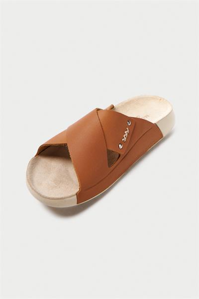 Mubiano Hakiki Deri Summer Kadın Çapraz Bantlı Taba Terlik -MSSR56-TB