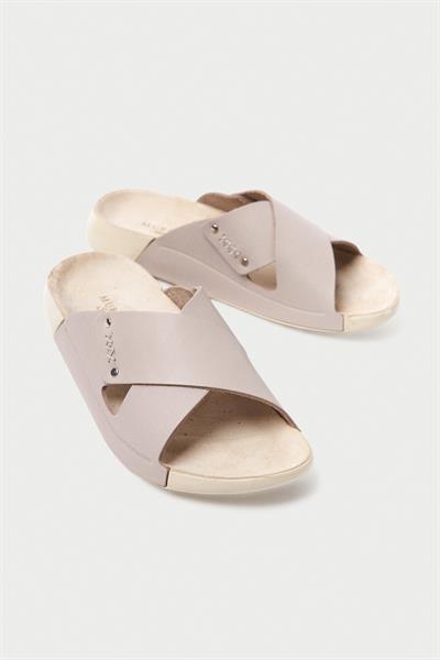 Mubiano Hakiki Deri Summer Kadın Çapraz Bantlı BeJ Terlik -MSSR56-BJ