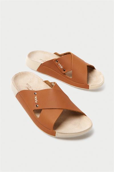 Mubiano Hakiki Deri Summer Kadın Çapraz Bantlı Taba Terlik -MSSR56-TB