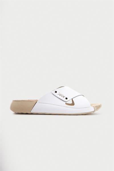 Mubiano Hakiki Deri Summer Kadın Çapraz Bantlı Beyaz Terlik -MSSR56-B