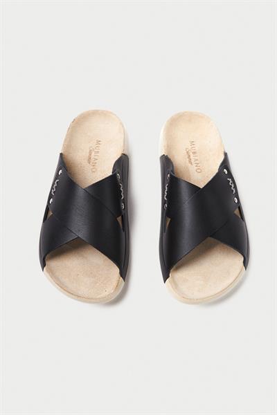 Mubiano Hakiki Deri Summer Kadın Çapraz Bantlı Siyah Terlik -MSSR56-S