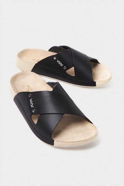 Mubiano Hakiki Deri Summer Kadın Çapraz Bantlı Siyah Terlik -MSSR56-S