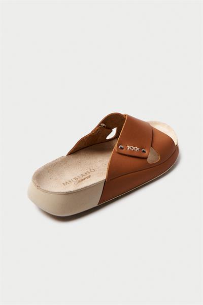 Mubiano Hakiki Deri Summer Kadın Çapraz Bantlı Taba Terlik -MSSR56-TB