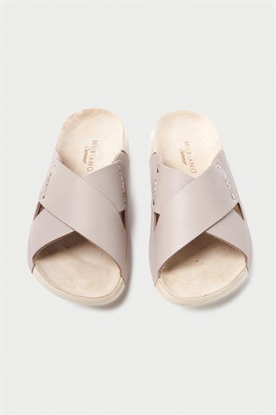 Mubiano Hakiki Deri Summer Kadın Çapraz Bantlı BeJ Terlik -MSSR56-BJ