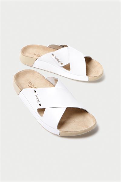 Mubiano Hakiki Deri Summer Kadın Çapraz Bantlı Beyaz Terlik -MSSR56-B