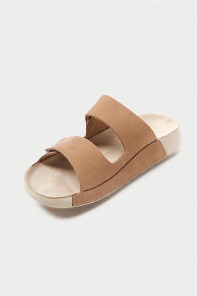 Mubiano Hakiki Deri Summer Kadın Çift Bantlı Nubuk Özel Taban Bej Terlik - MSSR26-BJ