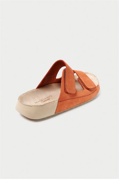 Mubiano Hakiki Deri Summer Kadın Çift Bantlı Nubuk Özel Taban Oranj Terlik - MSSR26-ORJ