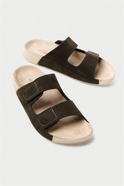 Mubiano Hakiki Deri Summer Kadın Çift Bantlı Nubuk Özel Taban Haki Terlik - MSSR26-HK