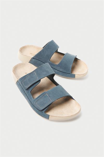 Mubiano Hakiki Deri Summer Kadın Çift Bantlı Nubuk Özel Taban Mavi Terlik - MSSR26-M