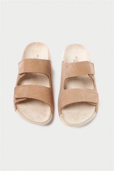 Mubiano Hakiki Deri Summer Kadın Çift Bantlı Nubuk Özel Taban Bej Terlik - MSSR26-BJ