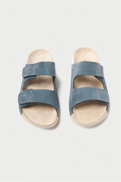 Mubiano Hakiki Deri Summer Kadın Çift Bantlı Nubuk Özel Taban Mavi Terlik - MSSR26-M