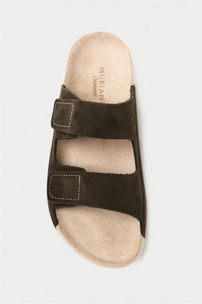 Mubiano Hakiki Deri Summer Kadın Çift Bantlı Nubuk Özel Taban Haki Terlik - MSSR26-HK